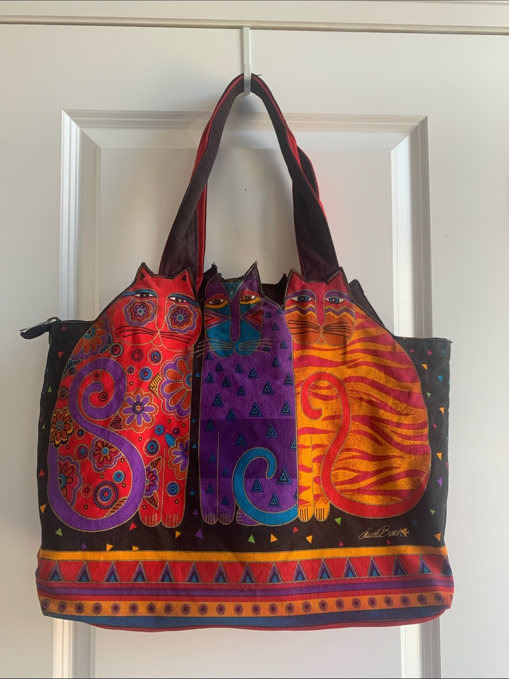 Laurel Burch Vibrant Tri-Cat Tote - Red, Purple, Orange, Blue